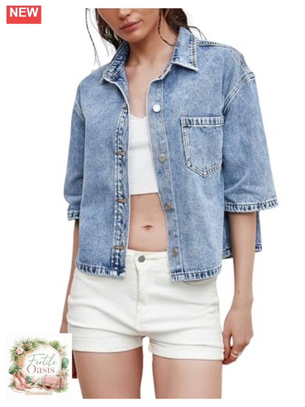 Women's Denim Button Down Shirt Short Sleeve Casual Jean Top Cotton Blend